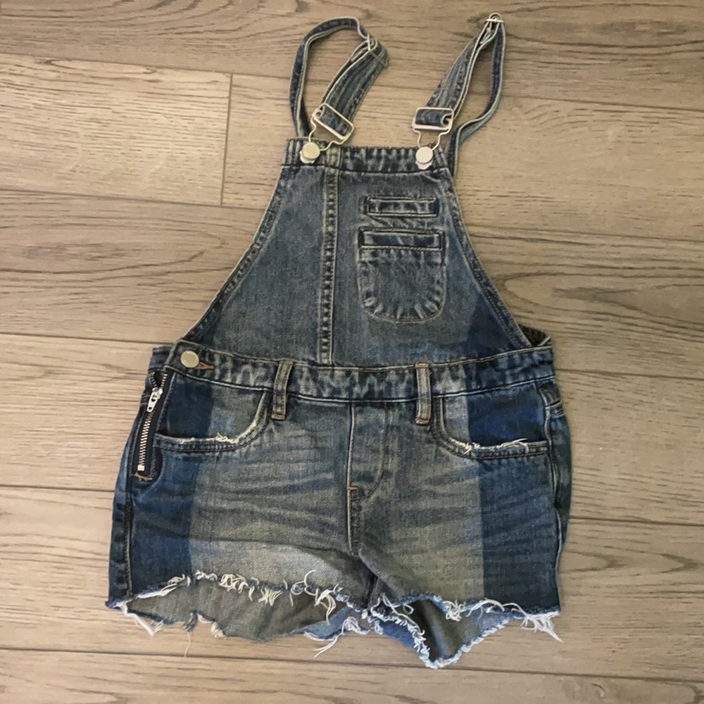 Blank NYC Kids Faded Blue Distressed Denim Short Overalls